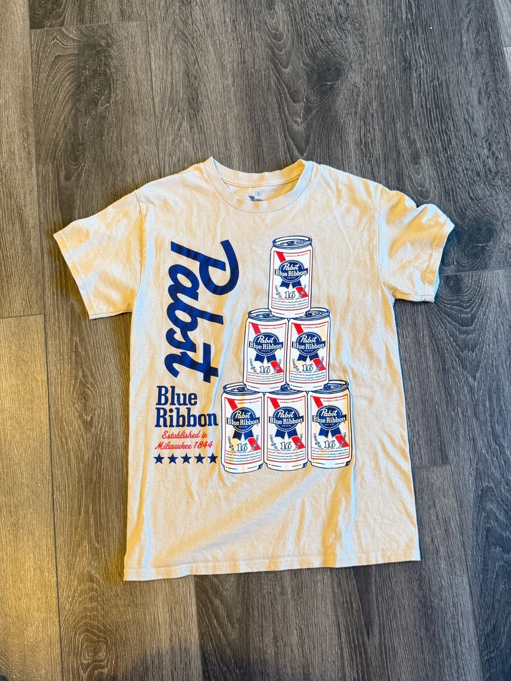 Pabst Blue Ribbon Short-Sleeve Graphic Tee - White with Blue & Red Print